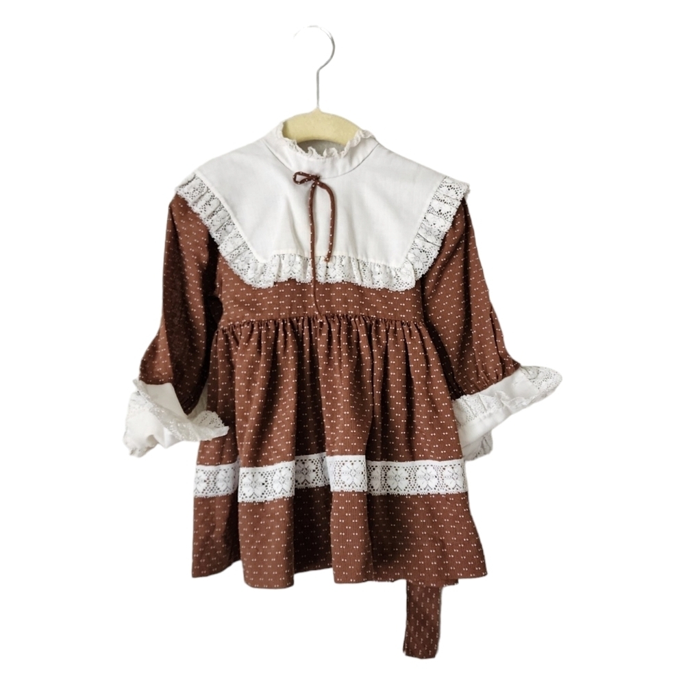 MINI WORLD x VINTAGE Brown Swiss dot white lace collar trim dress‎ 2T